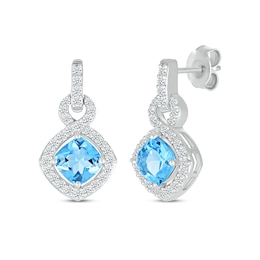 Cushion-Cut Swiss Blue Topaz & White Lab-Created Sapphire Doorknocker Drop Earrings Sterling Silver