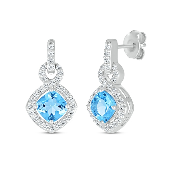Cushion-Cut Swiss Blue Topaz & White Lab-Created Sapphire Doorknocker Drop Earrings Sterling Silver