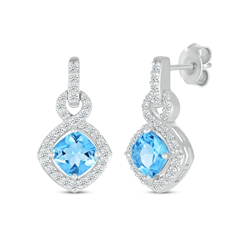 Main Image 1 of Cushion-Cut Swiss Blue Topaz & White Lab-Created Sapphire Doorknocker Drop Earrings Sterling Silver