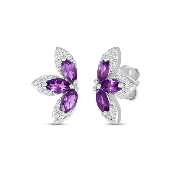 Marquise-Shaped Amethyst & White Lab-Created Sapphire Half-Flower Stud Earrings Sterling Silver