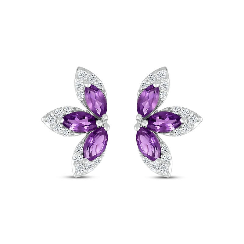 Main Image 2 of Marquise-Shaped Amethyst & White Lab-Created Sapphire Half-Flower Stud Earrings Sterling Silver