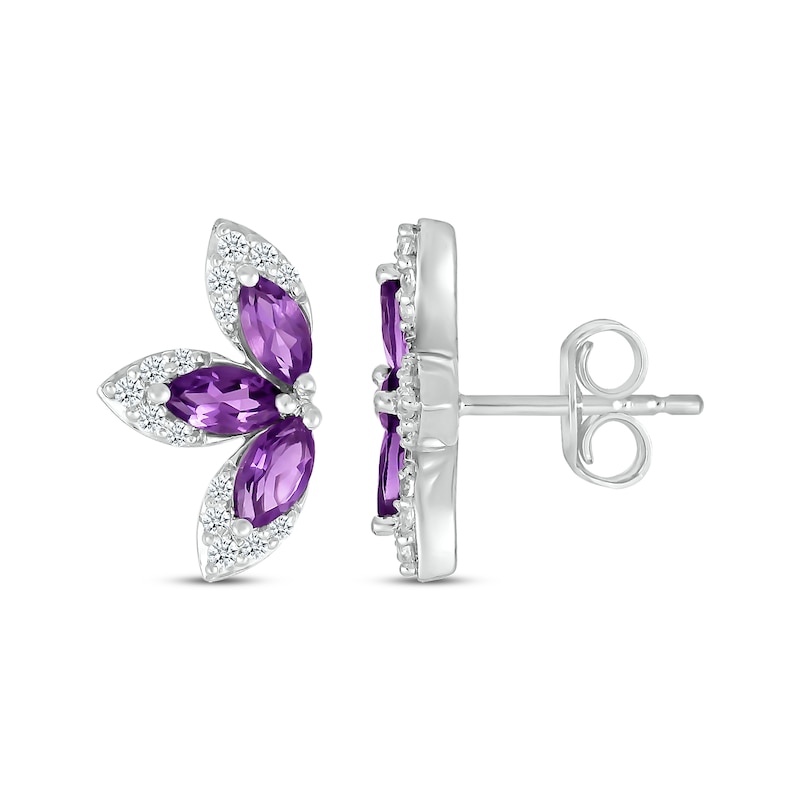 Main Image 3 of Marquise-Shaped Amethyst & White Lab-Created Sapphire Half-Flower Stud Earrings Sterling Silver