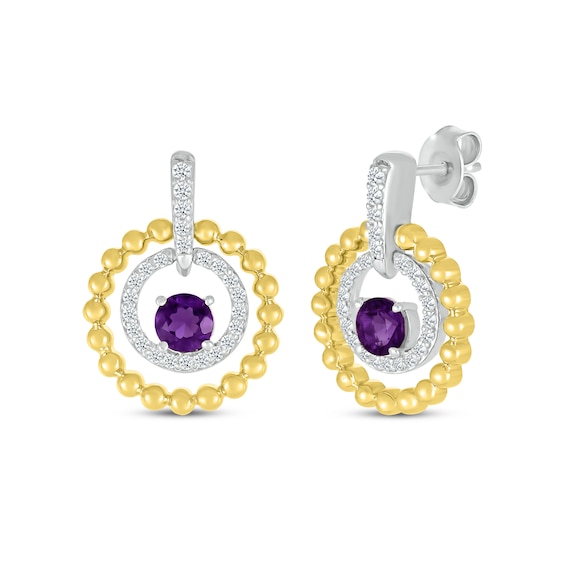 Amethyst & White Lab-Created Sapphire Circle Drop Earrings Sterling Silver & 10K Yellow Gold
