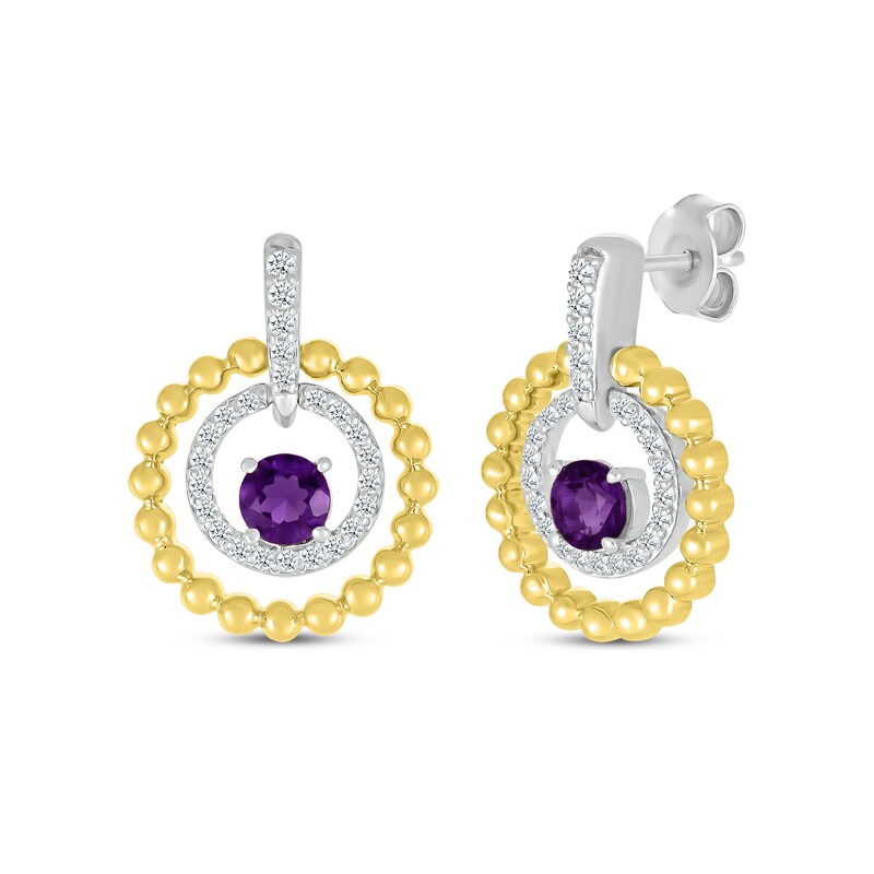 Main Image 1 of Amethyst & White Lab-Created Sapphire Circle Drop Earrings Sterling Silver & 10K Yellow Gold
