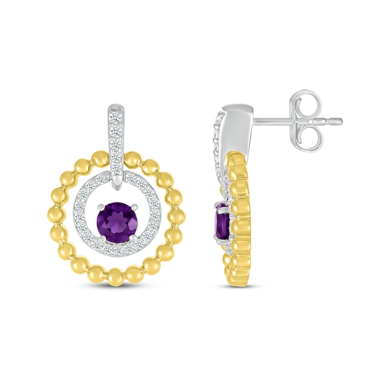 Main Image 3 of Amethyst & White Lab-Created Sapphire Circle Drop Earrings Sterling Silver & 10K Yellow Gold