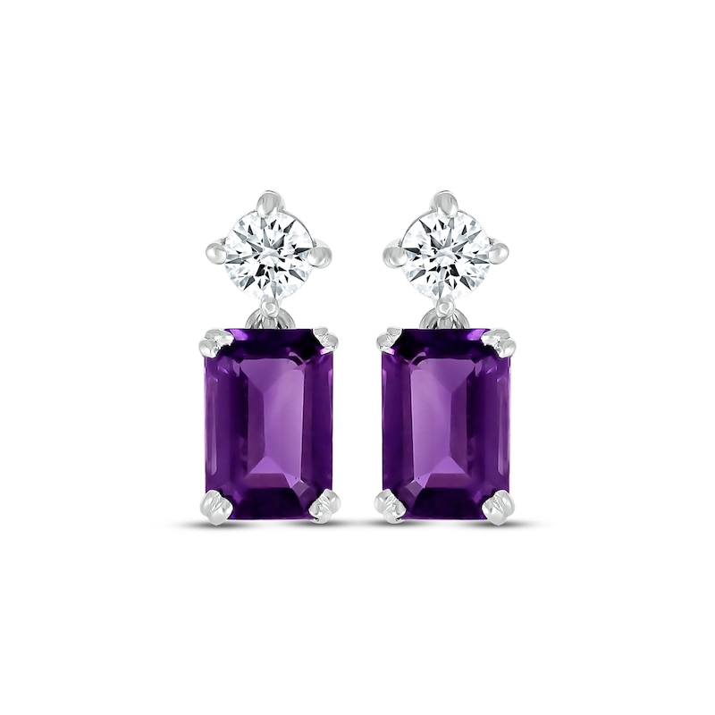 Main Image 2 of Emerald-Cut Amethyst & White Lab-Created Sapphire Drop Earrings 10K White Gold