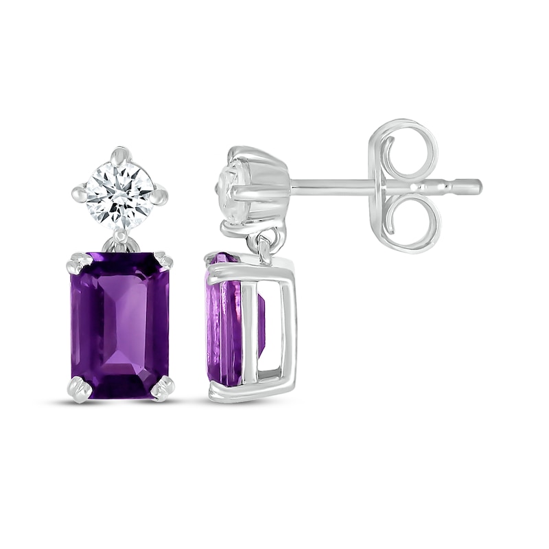Main Image 3 of Emerald-Cut Amethyst & White Lab-Created Sapphire Drop Earrings 10K White Gold