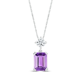 Emerald-Cut Amethyst & Round-Cut White Lab-Created Sapphire Necklace 10K White Gold 18"