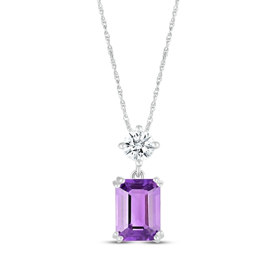 Emerald-Cut Amethyst & Round-Cut White Lab-Created Sapphire Necklace 10K White Gold 18"