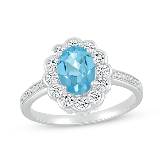 Oval-Cut Swiss Blue Topaz & White Lab-Created Sapphire Scallop Ring Sterling Silver