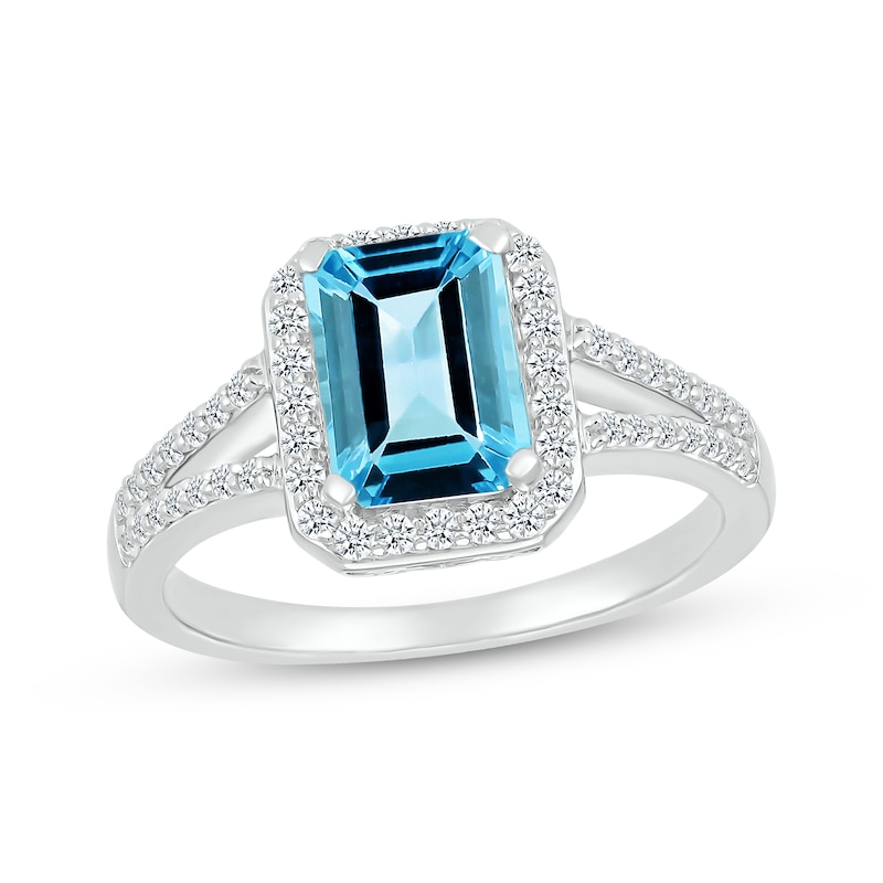 Main Image 1 of Emerald-Cut Swiss Blue Topaz & White Lab-Created Sapphire Ring Sterling Silver