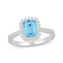 Emerald-Cut Swiss Blue Topaz & White Lab-Created Sapphire Ring Sterling Silver
