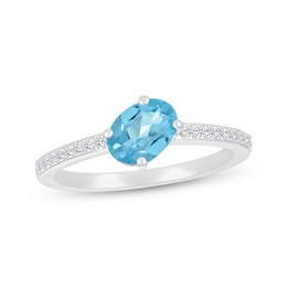 Oval-Cut Swiss Blue Topaz & White Lab-Created Sapphire Tilted Ring Sterling Silver
