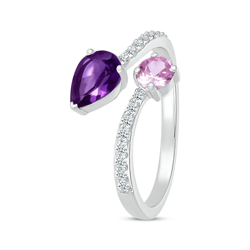 Main Image 2 of Pear-Shaped Amethyst & Round-Cut Pink Lab-Created Sapphire Bypass Ring Sterling Silver