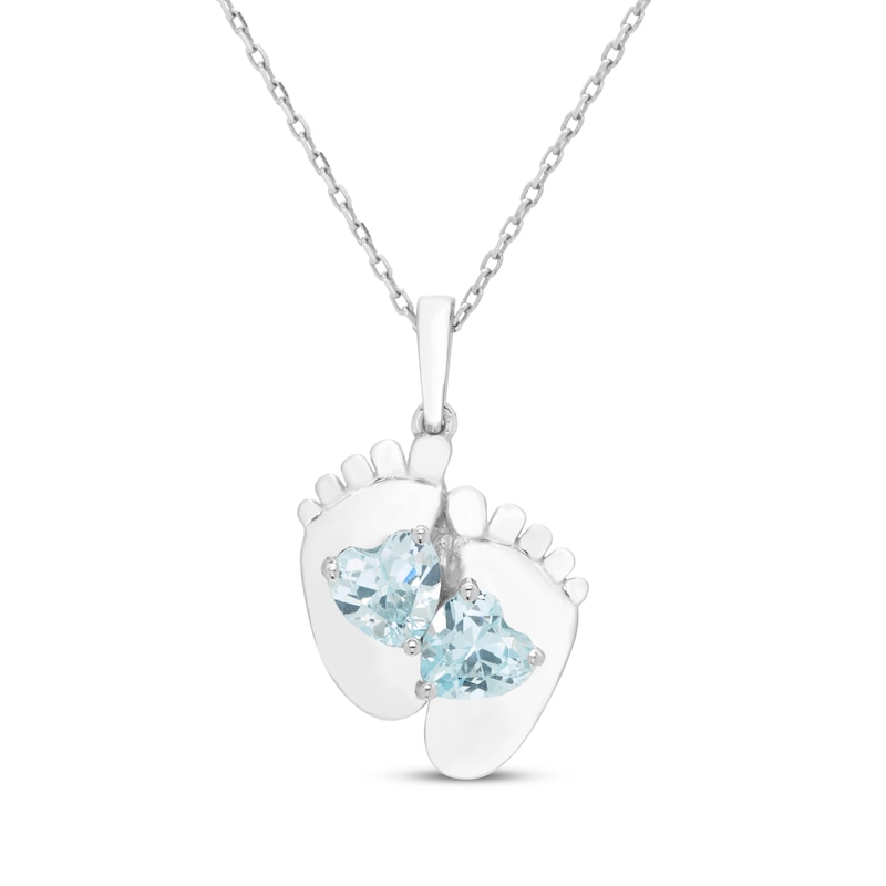 Main Image 1 of Heart-Shaped Aquamarine Baby Feet Necklace Sterling Silver 18&quot;