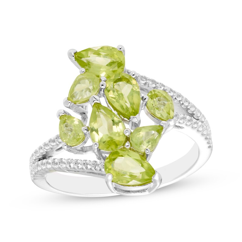 Main Image 1 of Pear-Shaped Peridot & White Lab-Created Sapphire Cluster Ring Sterling Silver