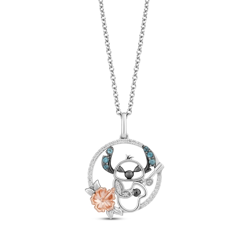 Disney Treasures Lilo & Stitch "Stitch" Diamond & London Blue Topaz Necklace 1/10 ct tw Sterling Silver & 10K Rose Gold 19"