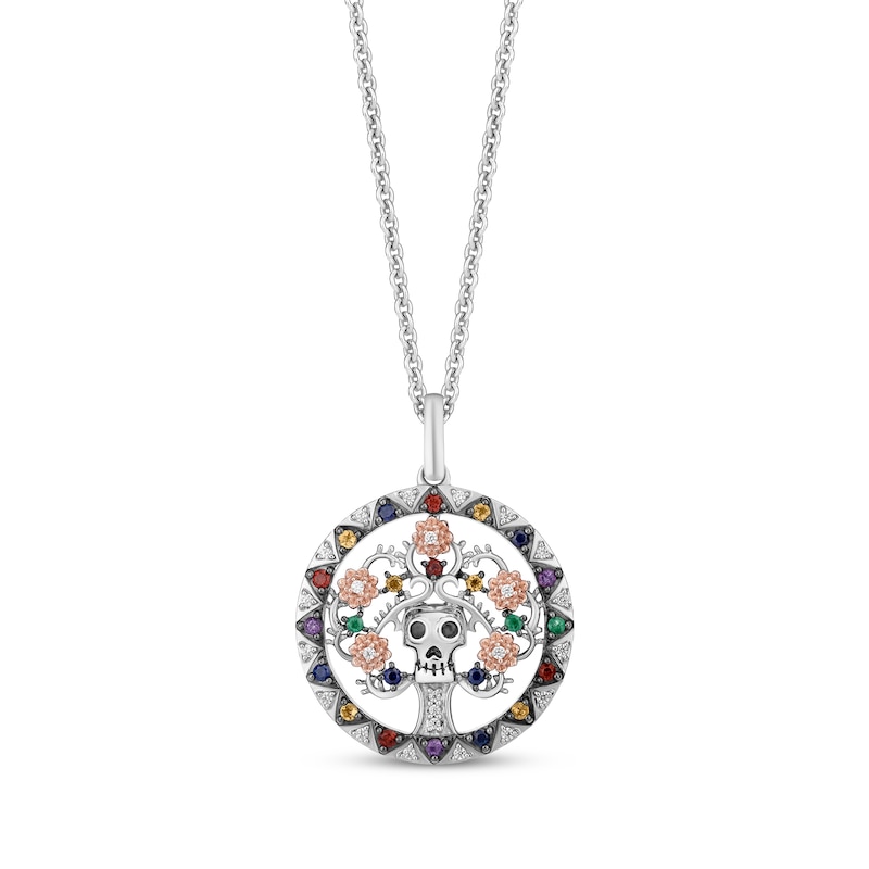 Disney Treasures Coco Multi-Gemstone & Diamond Family Tree Necklace 1/15 ct tw Sterling Silver & 10K Rose Gold 19"