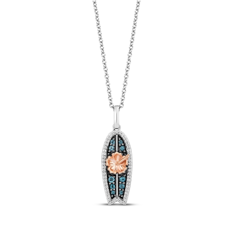 Main Image 1 of Disney Treasures Lilo & Stitch Diamond, London Blue Topaz Surfboard Necklace 1/10 ct tw Sterling Silver & 10K Rose Gold