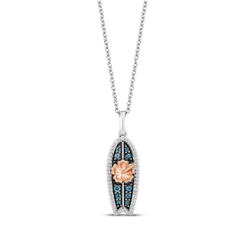 Disney Treasures Lilo & Stitch Diamond, London Blue Topaz Surfboard Necklace 1/10 ct tw Sterling Silver & 10K Rose Gold