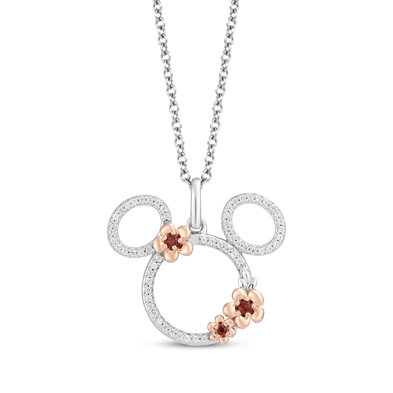 Disney Treasures Mickey Mouse Garnet & Diamond Necklace 1/6 ct tw Sterling Silver & 10K Rose Gold 19"