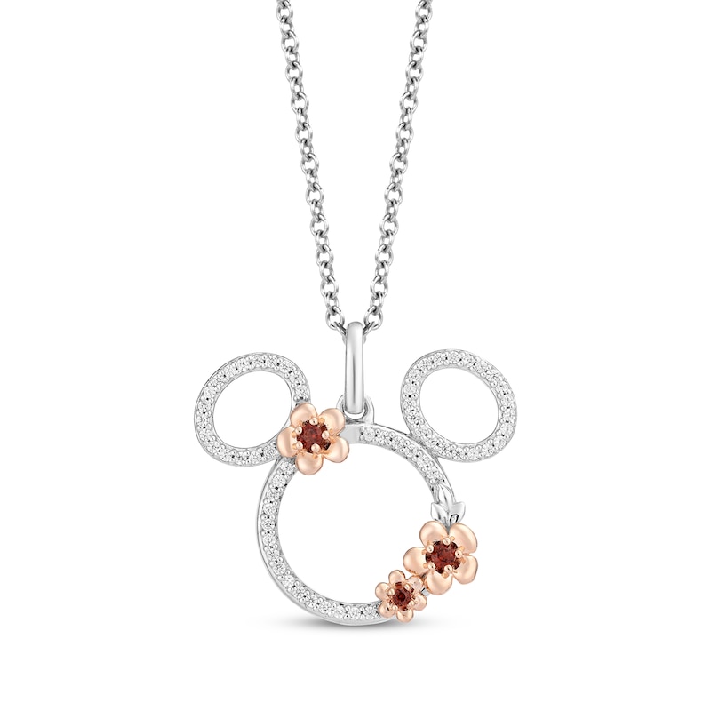 Main Image 1 of Disney Treasures Mickey Mouse Garnet & Diamond Necklace 1/6 ct tw Sterling Silver & 10K Rose Gold 19&quot;