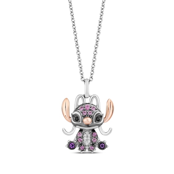 Disney Treasures Lilo & Stitch "Angel" Pink Sapphire, Amethyst & Diamond Necklace Sterling Silver & 10K Rose Gold 19"