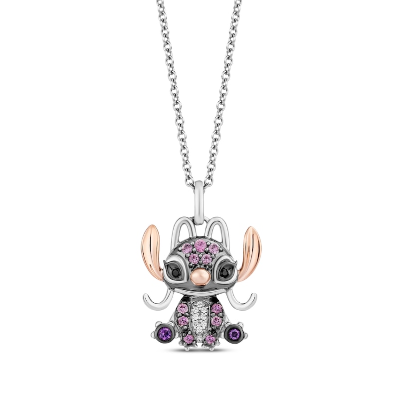 Disney Treasures Lilo & Stitch "Angel" Pink Sapphire, Amethyst & Diamond Necklace Sterling Silver & 10K Rose Gold 19"