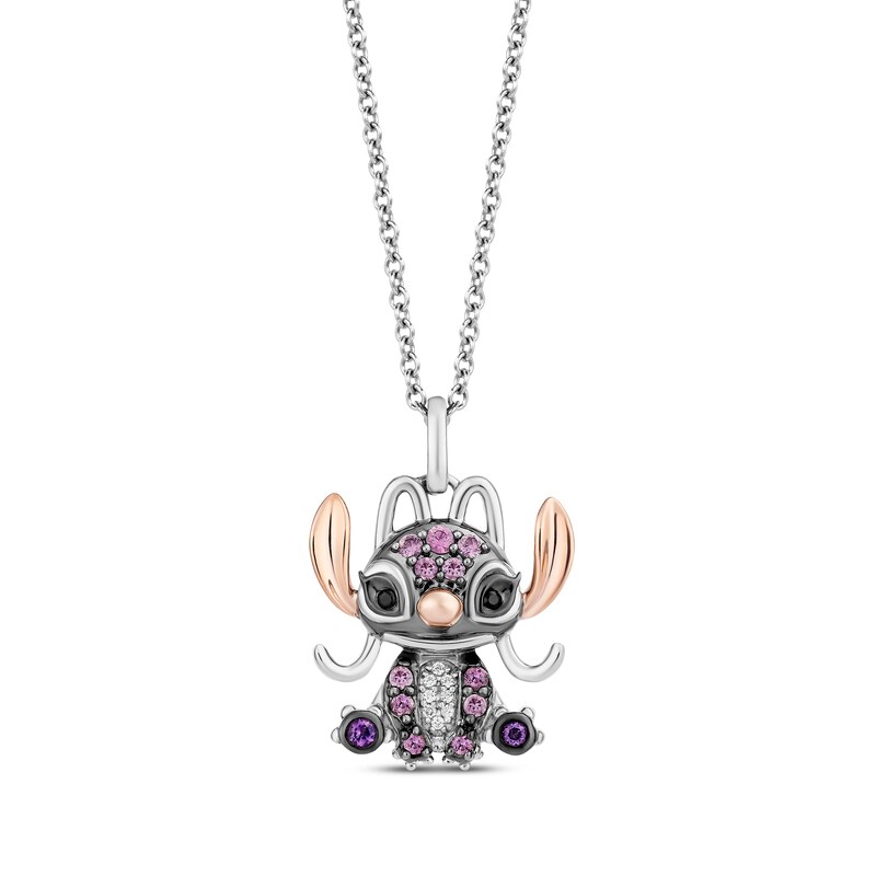 Main Image 1 of Disney Treasures Lilo & Stitch &quot;Angel&quot; Pink Sapphire, Amethyst & Diamond Necklace Sterling Silver & 10K Rose Gold 19&quot;