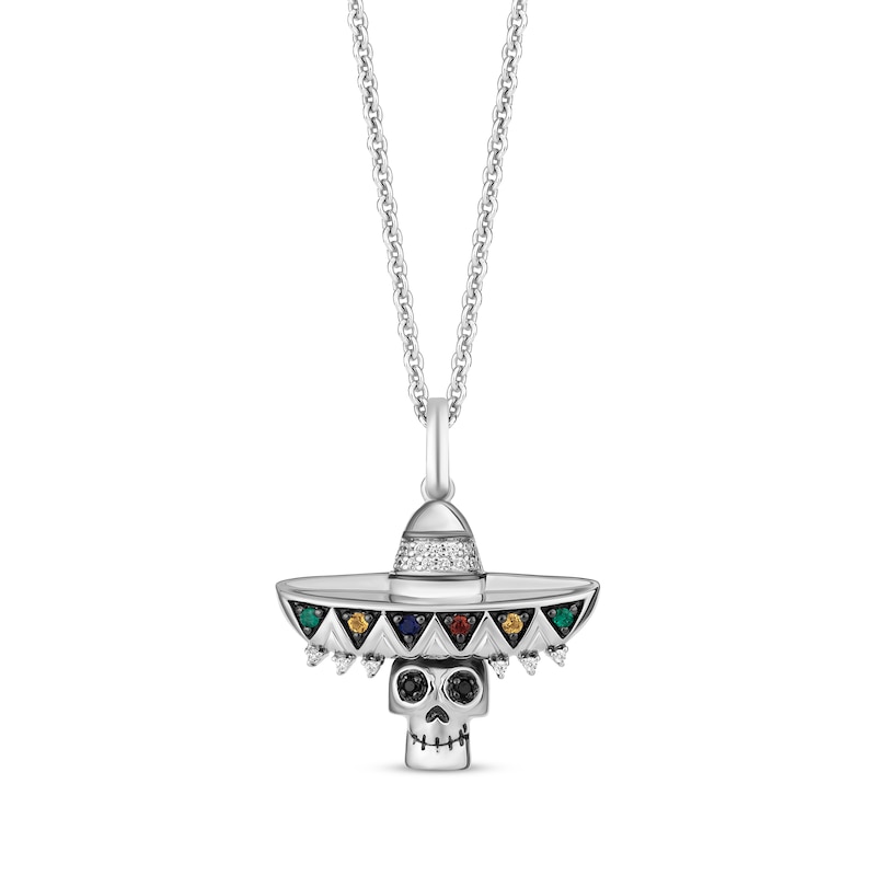 Disney Treasures Coco Diamond & Multi-Gemstone Skull with Sombrero Necklace 1/20 ct tw Sterling Silver 19"