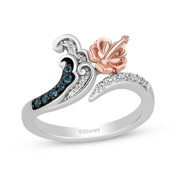 Disney Treasures Lilo & Stitch London Blue Topaz & Diamond Wave & Flower Ring 1/10 ct tw Sterling Silver & 10K Rose Gold