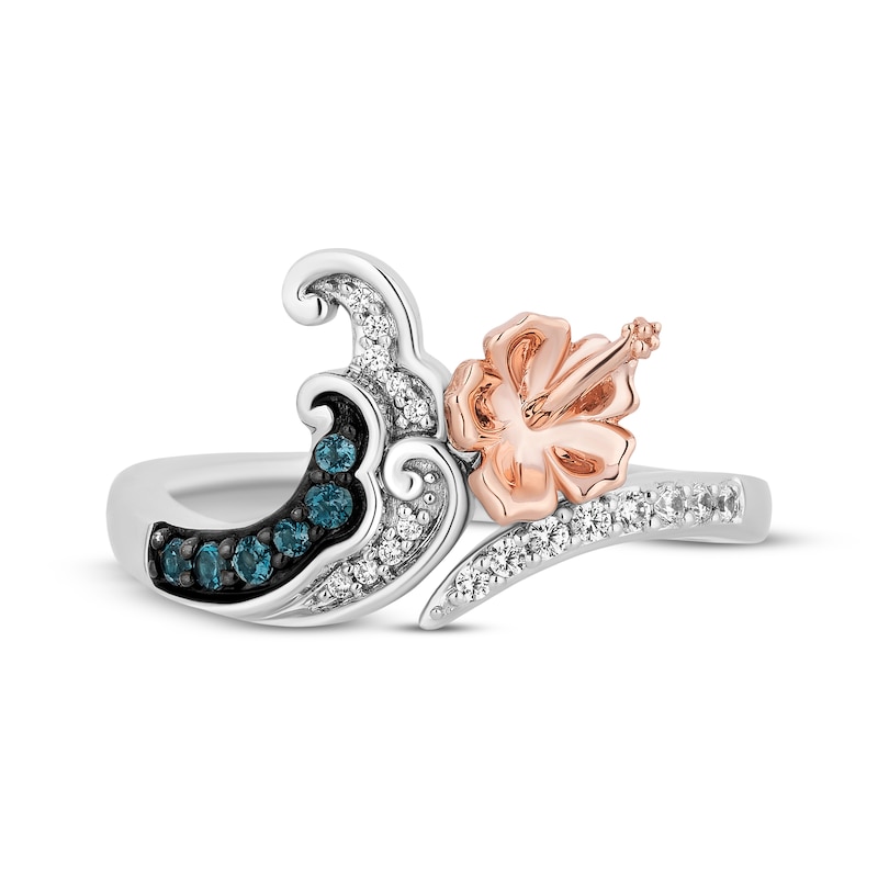 Disney Treasures Lilo & Stitch London Blue Topaz & Diamond Wave & Flower Ring 1/10 ct tw Sterling Silver & 10K Rose Gold