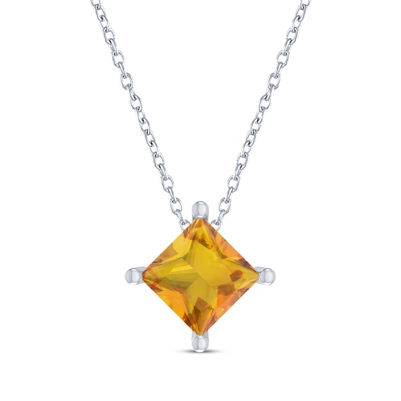 Square-Cut Citrine Solitaire Necklace Sterling Silver 18"