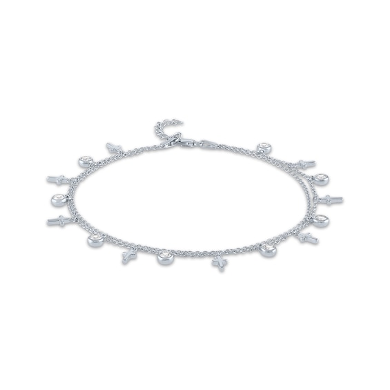 White Lab-Created Sapphire Cross Charm Anklet Sterling Silver 10"