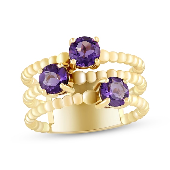 Amethyst Three-Row Beaded Ring 10K Yellow Gold