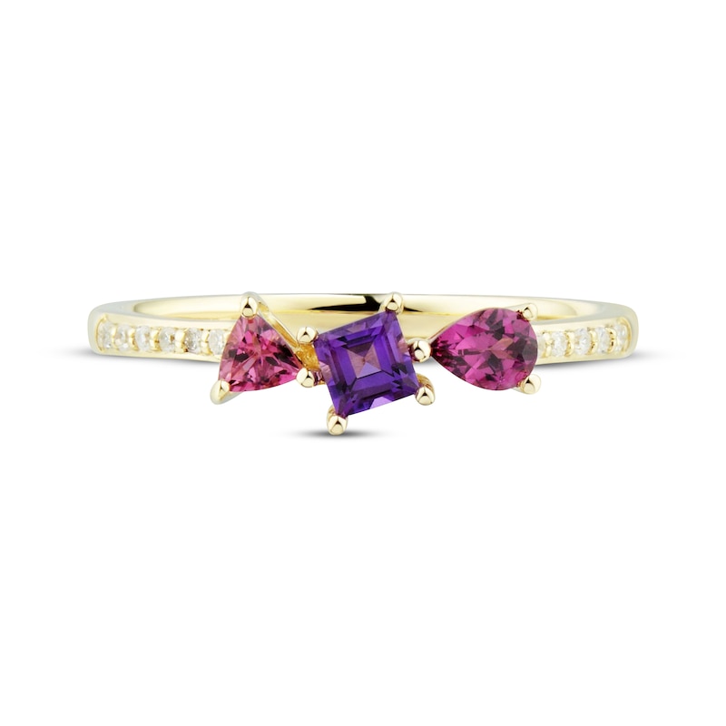Main Image 2 of Multi-Shape Rhodolite Garnet, Amethyst, Pink Tourmaline & Diamond Ring 1/20 ct tw 10K Yellow Gold