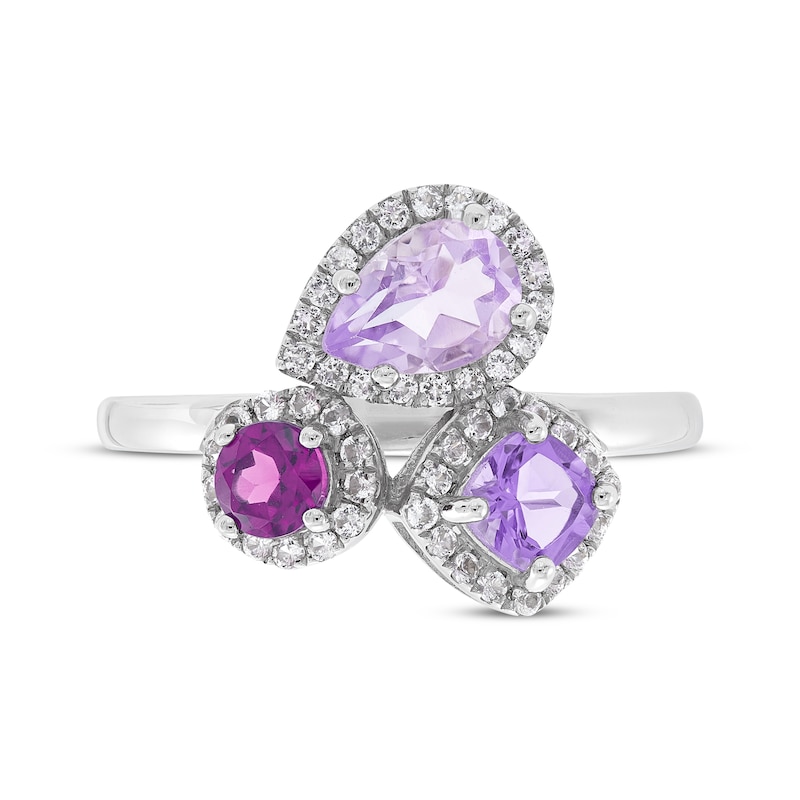 Main Image 3 of Multi-Shape Rhodolite Garnet, Pink Quartz, Amethyst & White Lab-Created Sapphire Ring Sterling Silver