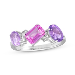 Multi-Shape Amethyst, Pink Quartz, Pink & White Lab-Created Sapphire Ring Sterling Silver