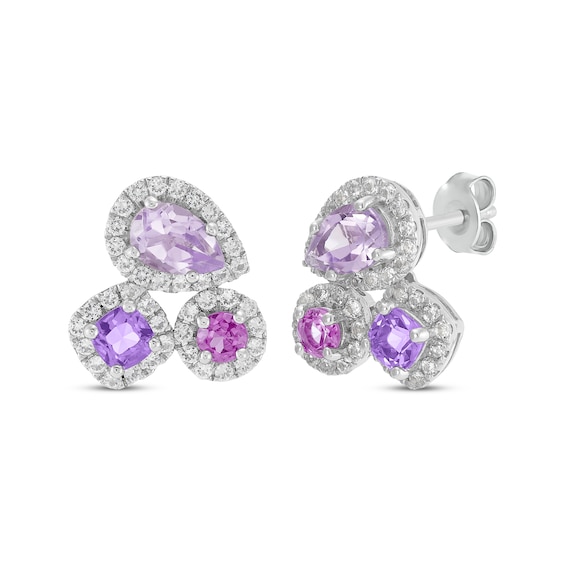 Multi-Shape Rhodolite Garnet, Pink Quartz, Amethyst & White Lab-Created Sapphire Earrings Sterling Silver