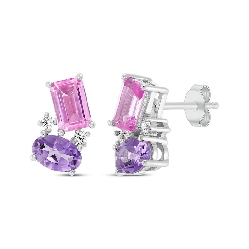 Main Image 1 of Oval-Cut Amethyst, Emerald-Cut Pink Lab-Created Sapphire & White Lab-Created Sapphire Drop Earrings Sterling Silver