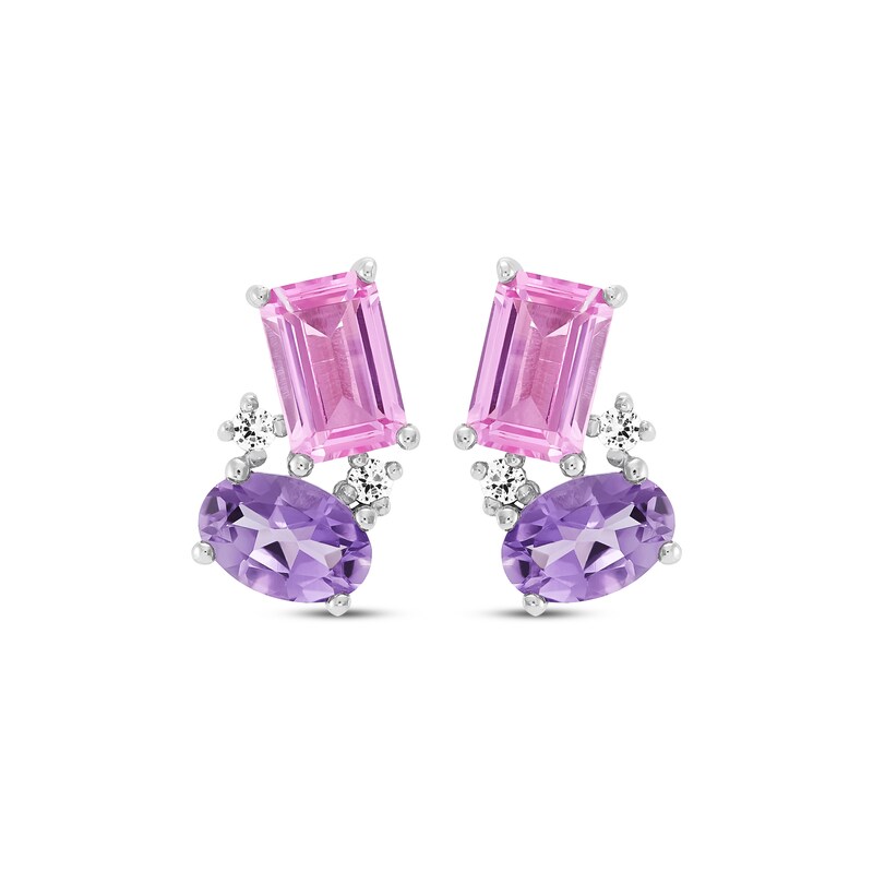 Main Image 2 of Oval-Cut Amethyst, Emerald-Cut Pink Lab-Created Sapphire & White Lab-Created Sapphire Drop Earrings Sterling Silver