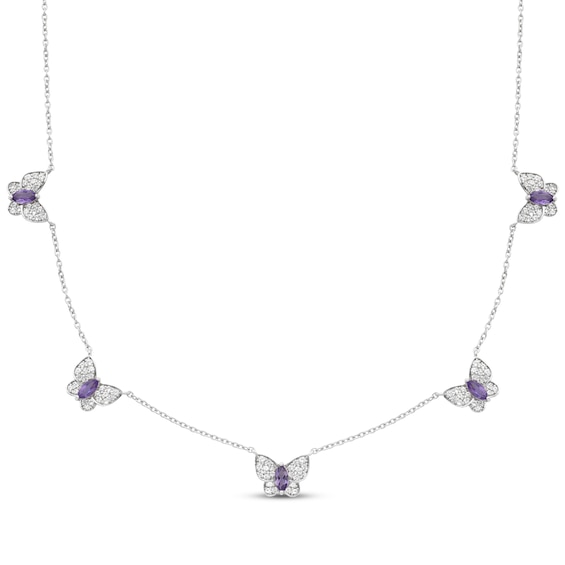 Marquise-Cut Amethyst & White Lab-Created Sapphire Butterfly Station Necklace Sterling Silver 18"