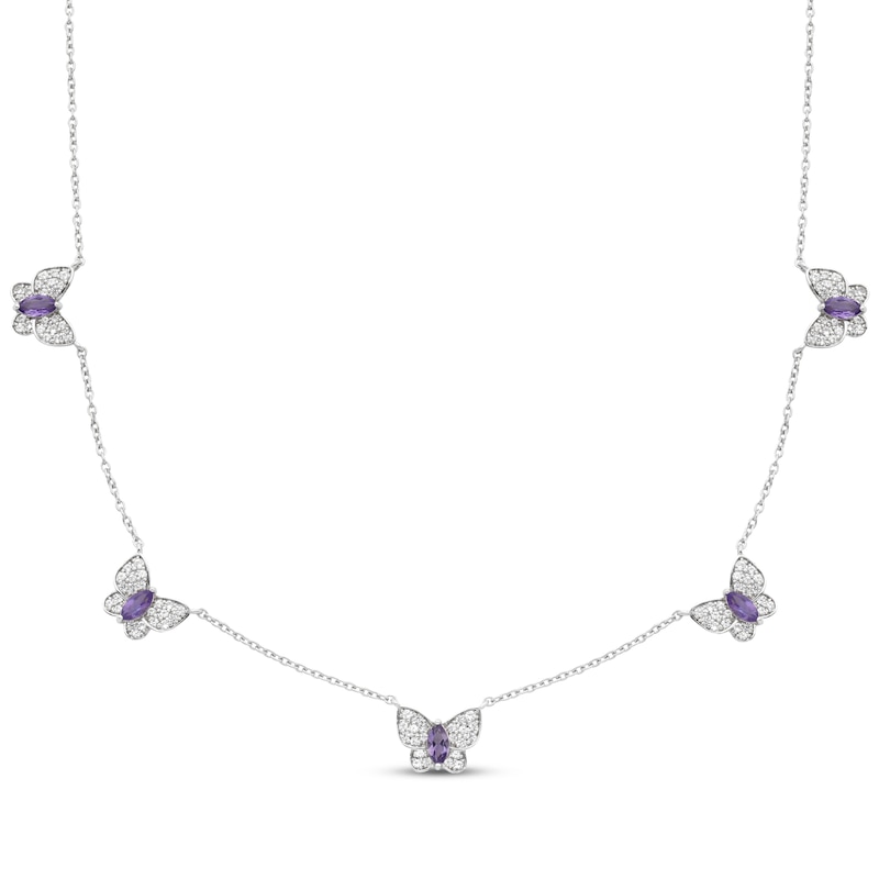 Main Image 1 of Marquise-Cut Amethyst & White Lab-Created Sapphire Butterfly Station Necklace Sterling Silver 18&quot;