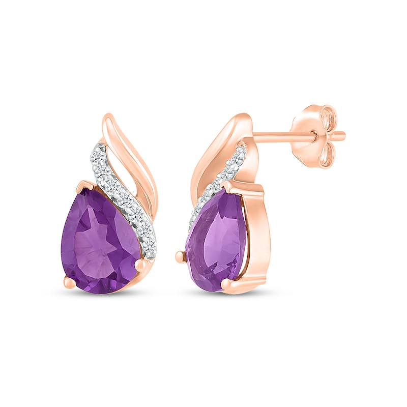 Main Image 1 of Pear-Shaped Amethyst & Diamond Swirl Stud Earrings 1/15 ct tw 10K Rose Gold