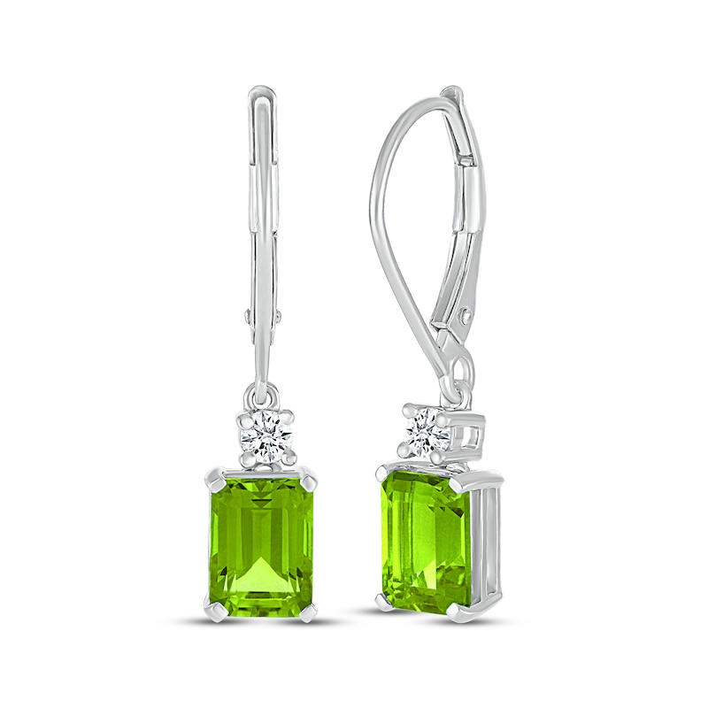 Main Image 1 of Emerald-Cut Peridot & White Lab-Created Sapphire Drop Earrings Sterling Silver
