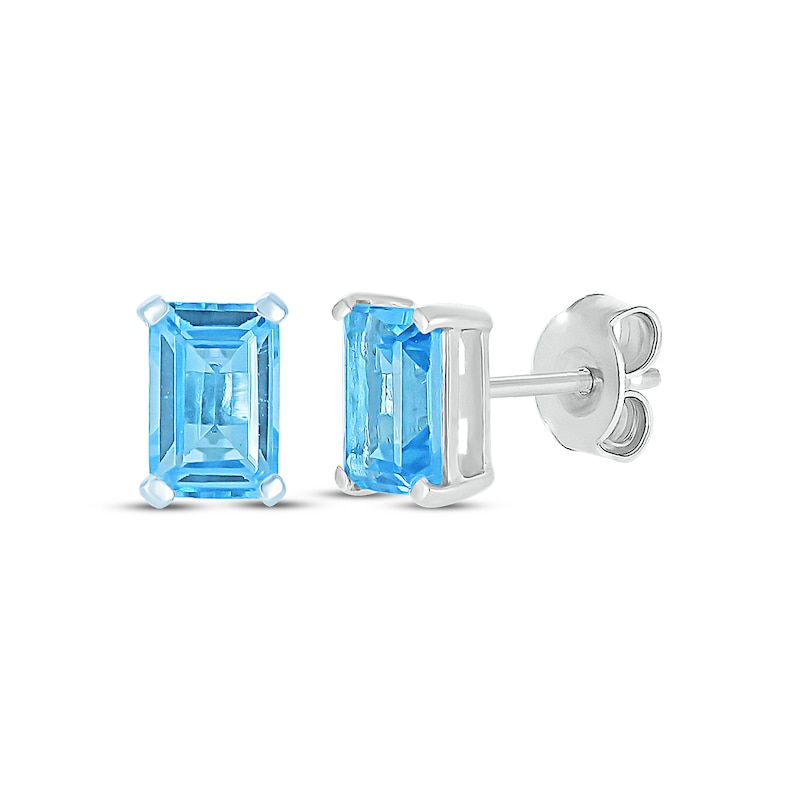 Main Image 1 of Emerald-Cut Swiss Blue Topaz Solitaire Stud Earrings Sterling Silver