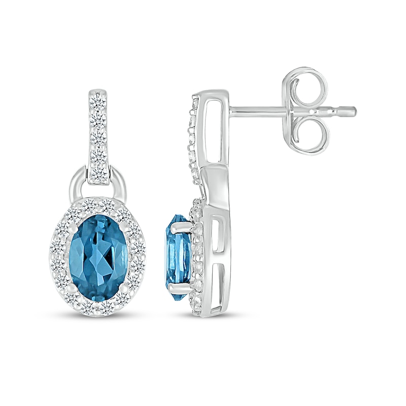 Main Image 3 of Oval-Cut London Blue Topaz & White Lab-Created Sapphire Doorknocker Earrings 10K White Gold