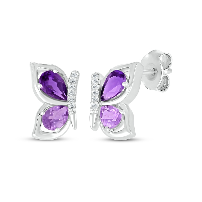 Pear-Shaped Amethyst & Diamond Accent Butterfly Wing Earrings Sterling Silver