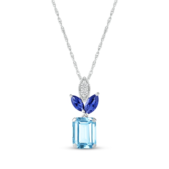 Emerald-Cut Swiss Blue Topaz, Blue & White Lab-Created Sapphire Necklace Sterling Silver 18"