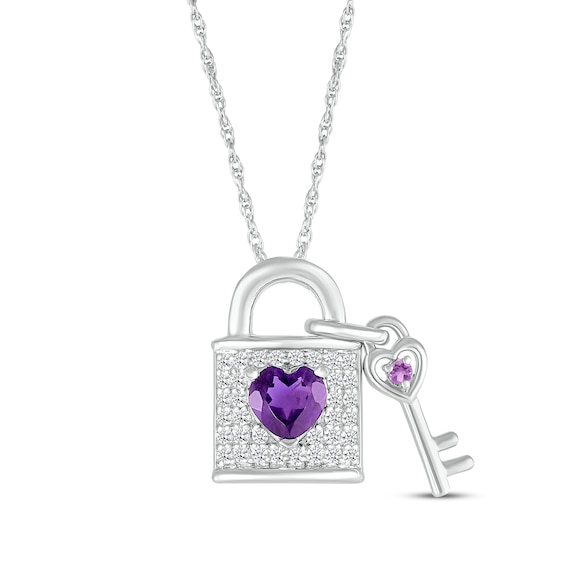 Heart-Shaped Amethyst & White Lab-Created Sapphire Lock & Key Necklace Sterling Silver 18"